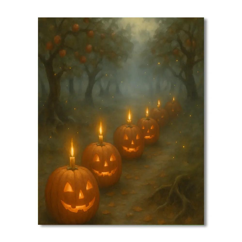 Candlelit Pumpkin Row In The Misty Orchard Paint by numbers art