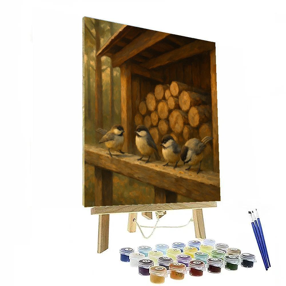 Chickadees On The Cabin Woodshed Rail DIY paint by numbers