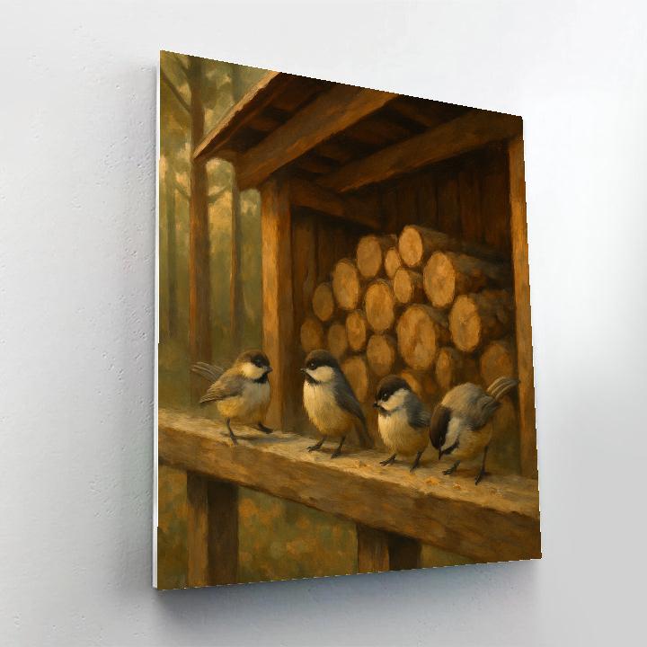 Chickadees On The Cabin Woodshed Rail DIY paint by numbers