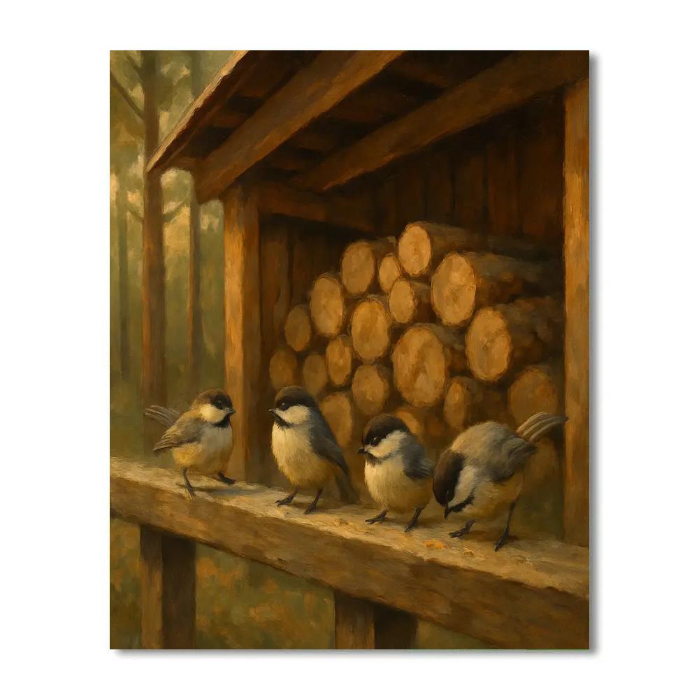 Chickadees On The Cabin Woodshed Rail DIY paint by numbers