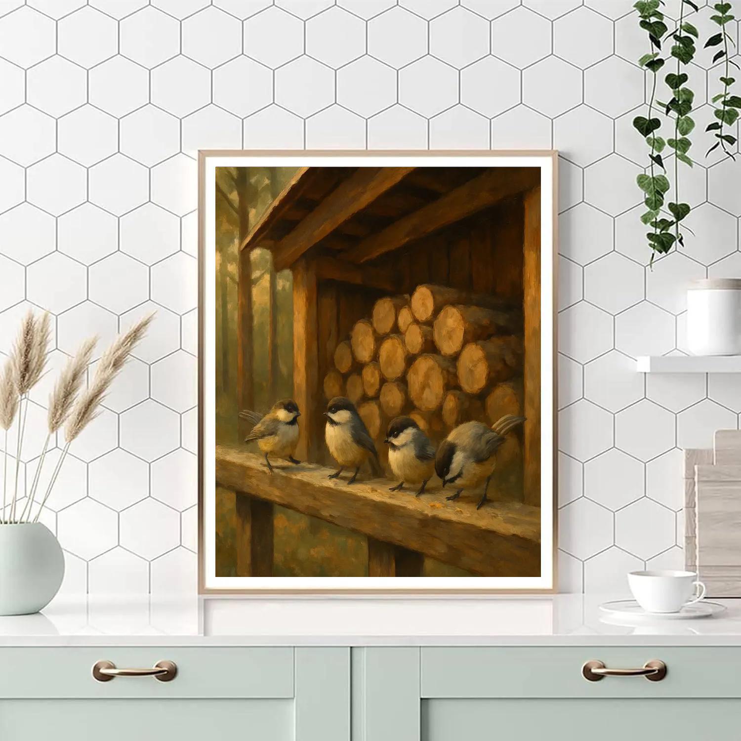 Chickadees On The Cabin Woodshed Rail DIY paint by numbers