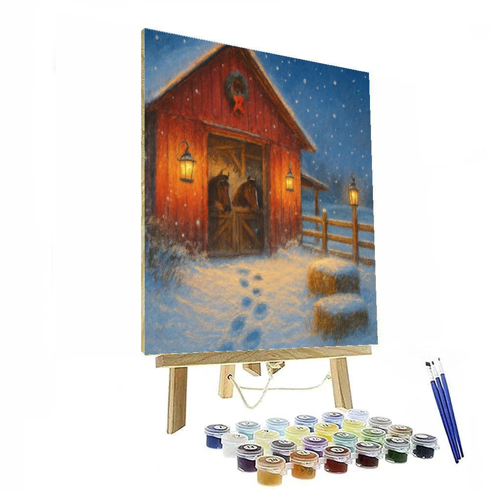 Snowy Barn Lantern Gathering Number painting
