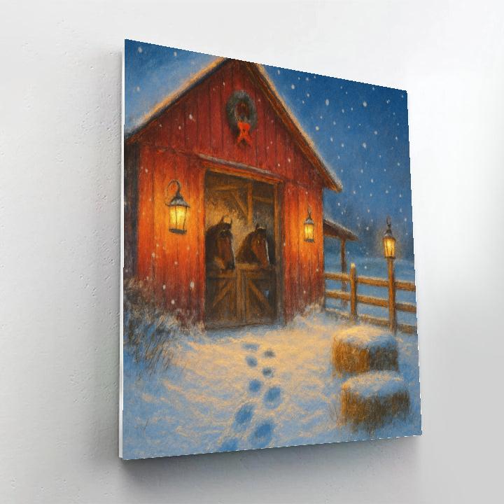 Snowy Barn Lantern Gathering Number painting