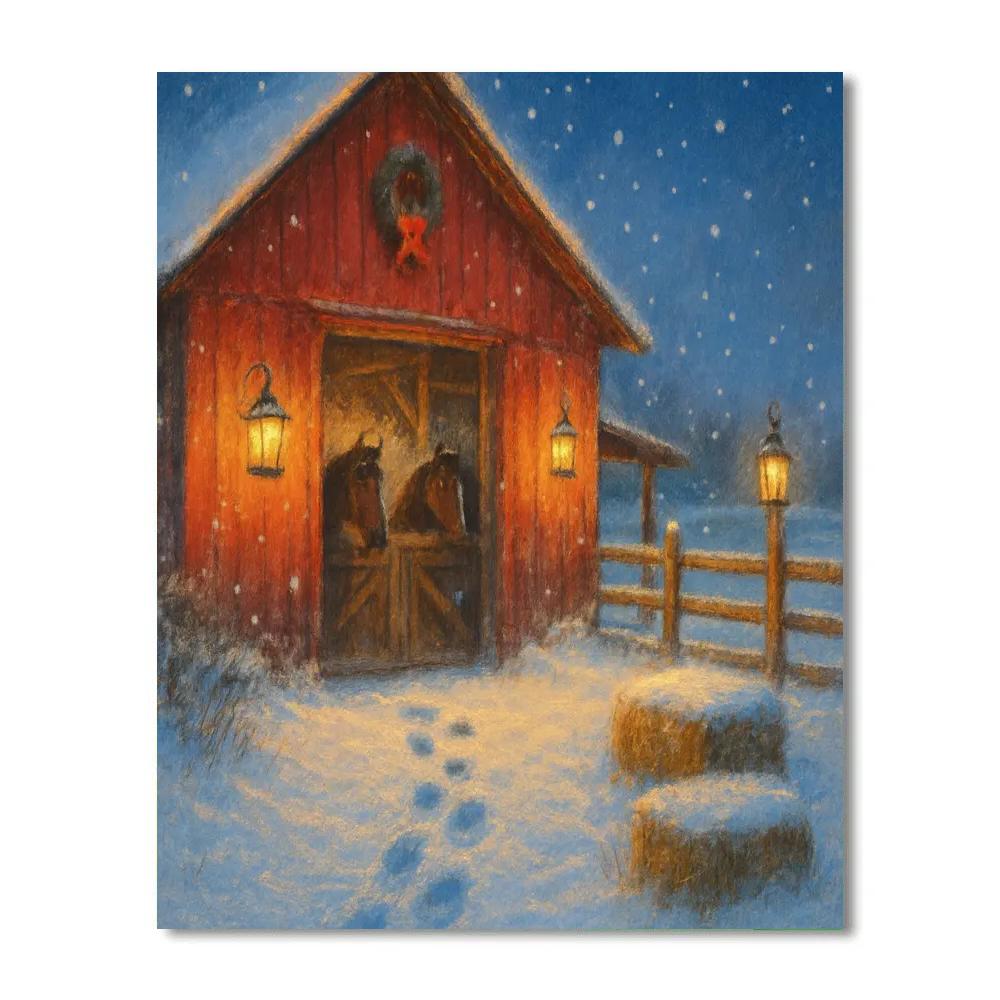Snowy Barn Lantern Gathering Number painting