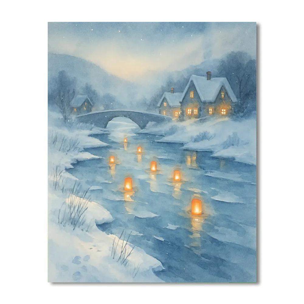 Frosty River With Floating Lanterns painting number kit