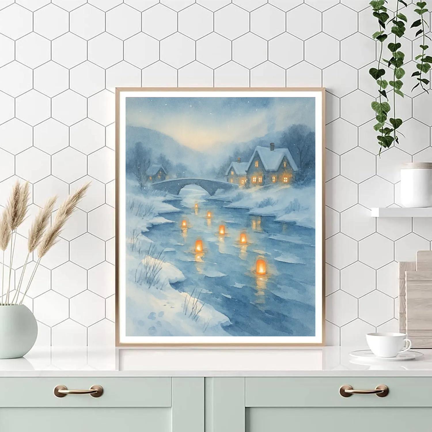 Frosty River With Floating Lanterns painting number kit