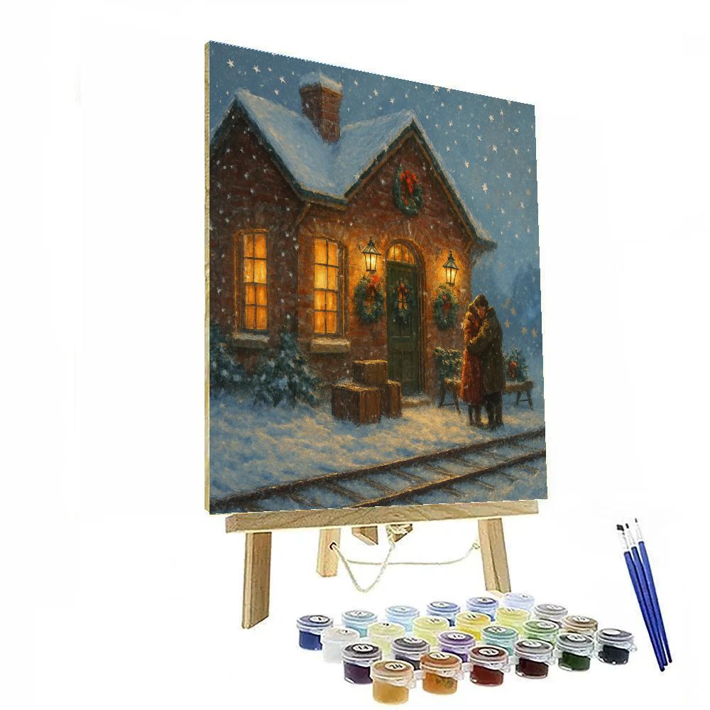 Vintage Winter Train Station Reunion paint by number