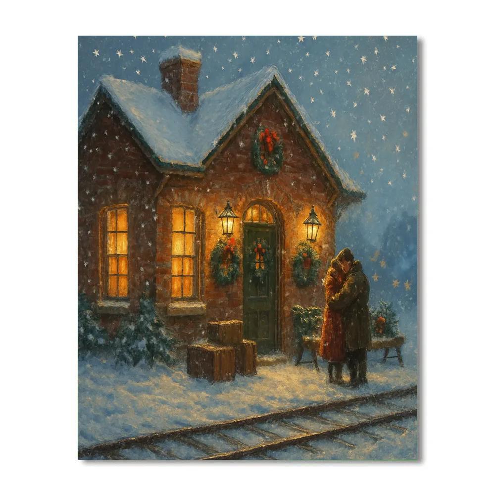 Vintage Winter Train Station Reunion paint by number