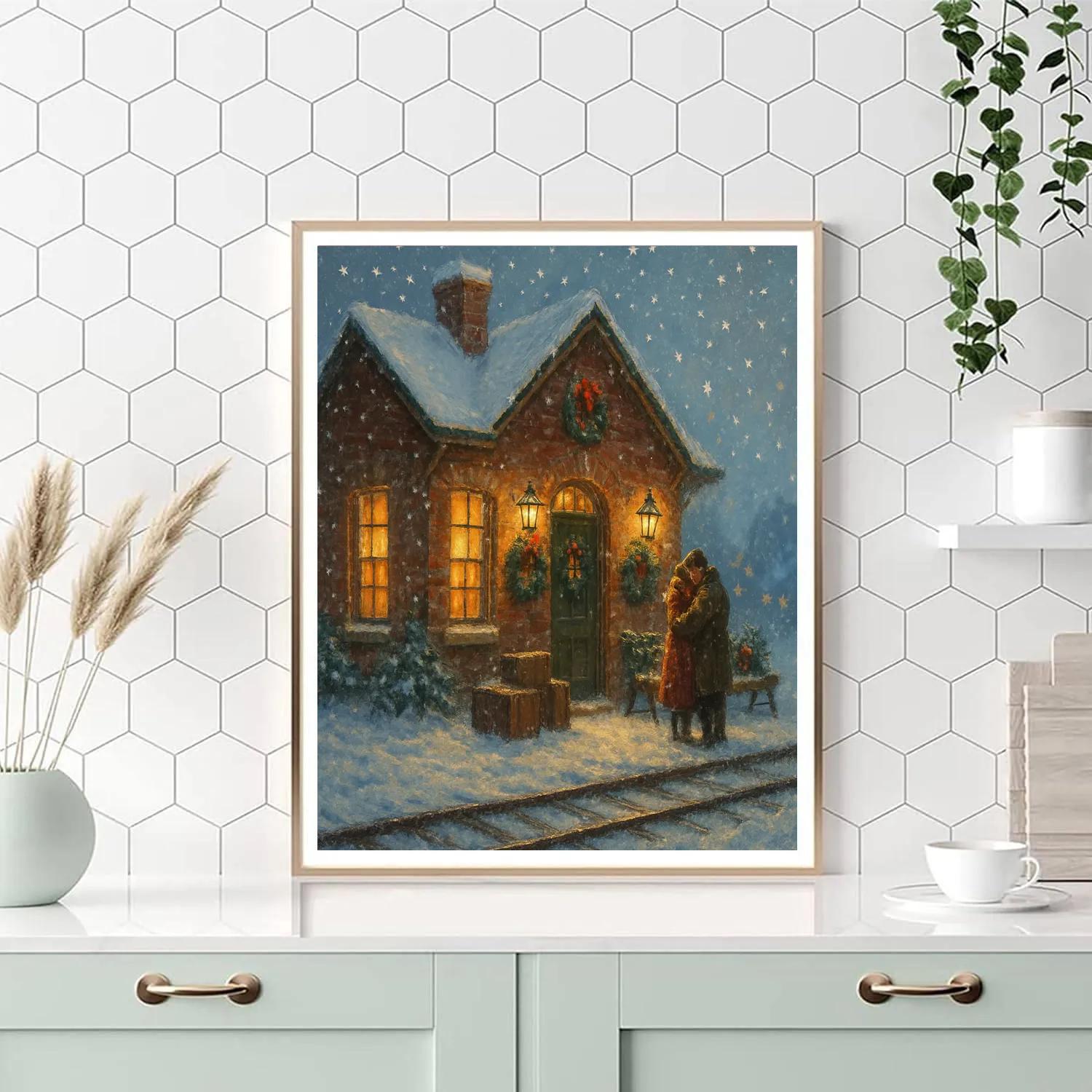 Vintage Winter Train Station Reunion paint by number