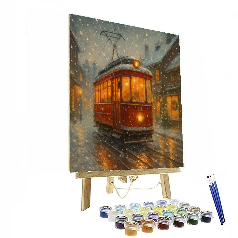 Cozy Tram Through Winter Town Number painting