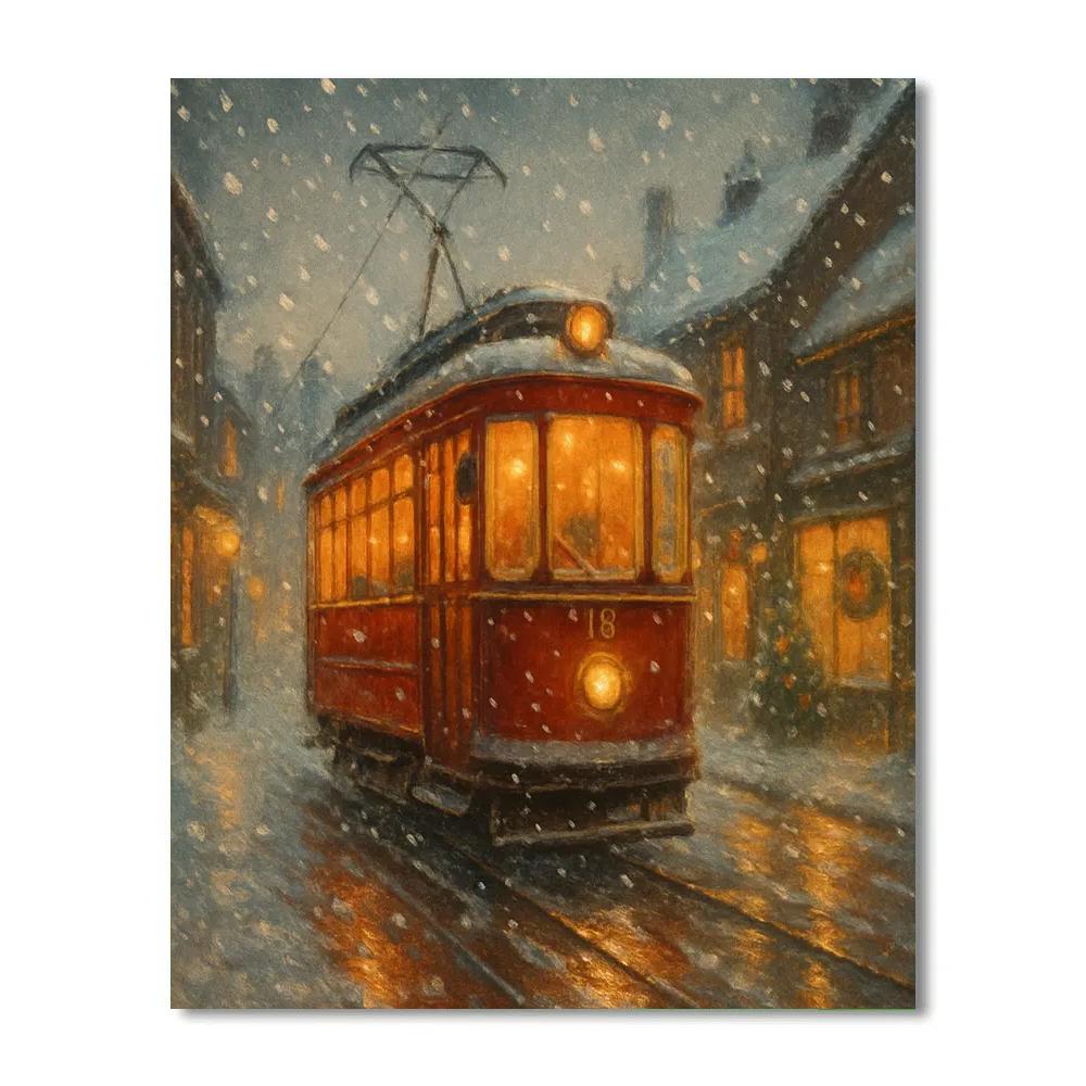 Cozy Tram Through Winter Town Number painting