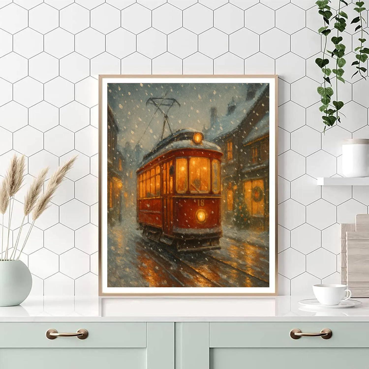 Cozy Tram Through Winter Town Number painting