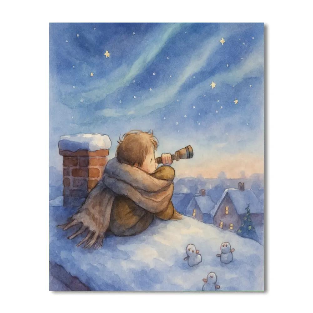 Stargazer Kid On Snowy Rooftop paint by numbers