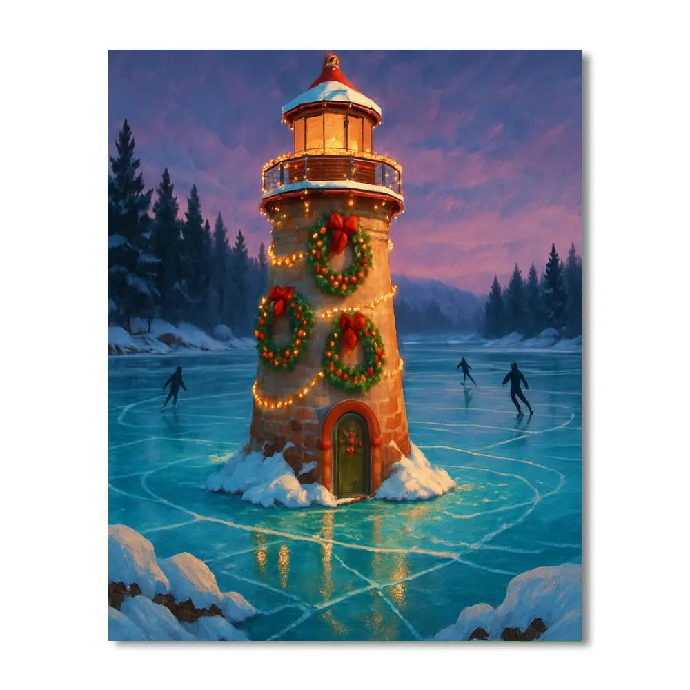 Holiday Lighthouse On Frozen Lake DIY paint by numbers