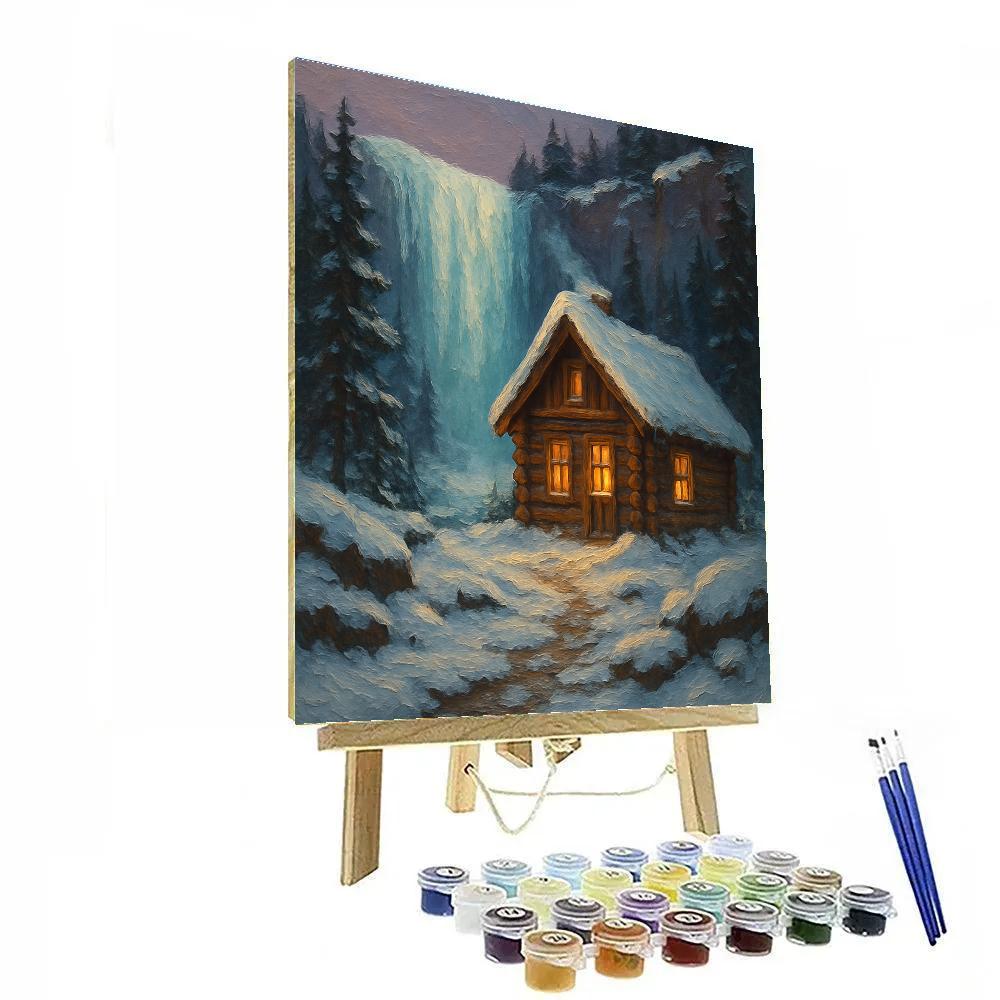 Holiday Cabin Beside Frozen Waterfall Paint by numbers kits