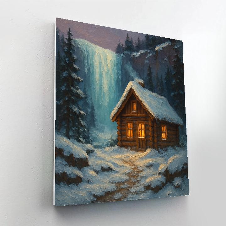Holiday Cabin Beside Frozen Waterfall Paint by numbers kits
