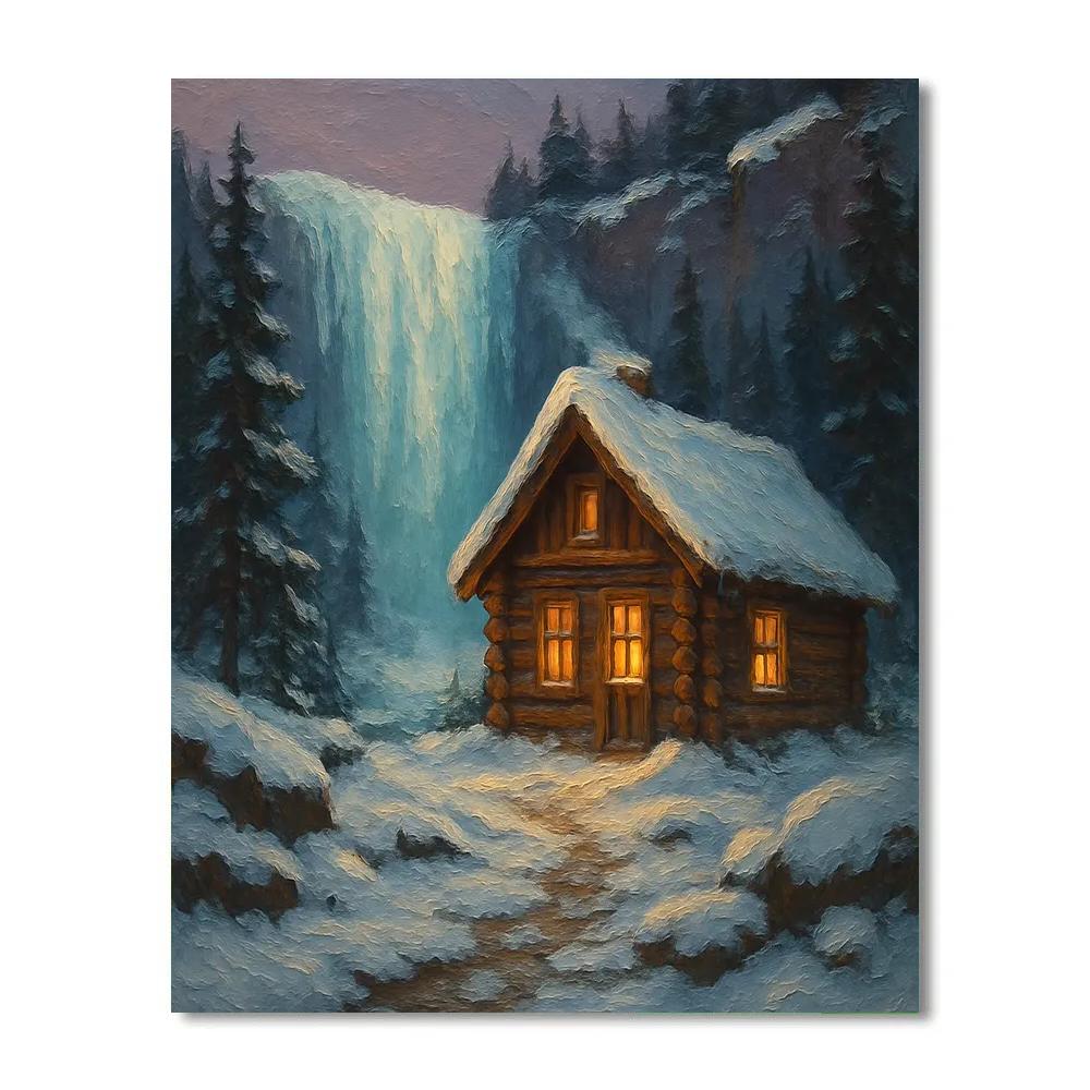 Holiday Cabin Beside Frozen Waterfall Paint by numbers kits
