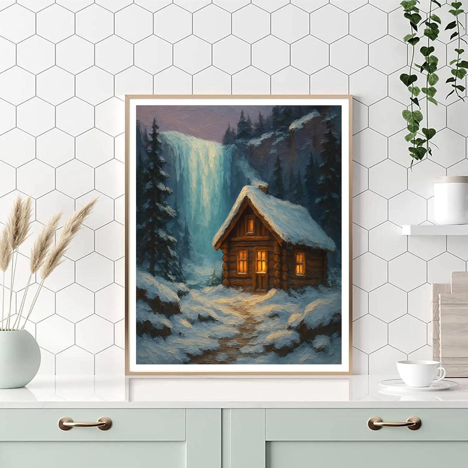 Holiday Cabin Beside Frozen Waterfall Paint by numbers kits