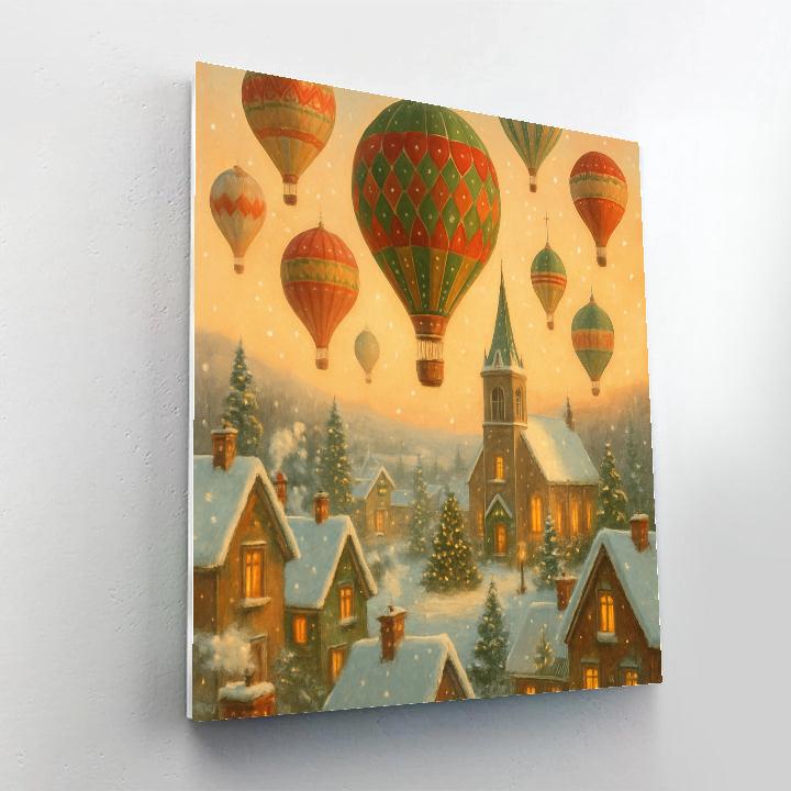 Christmas Hot Air Balloons Over Village paint by numbers