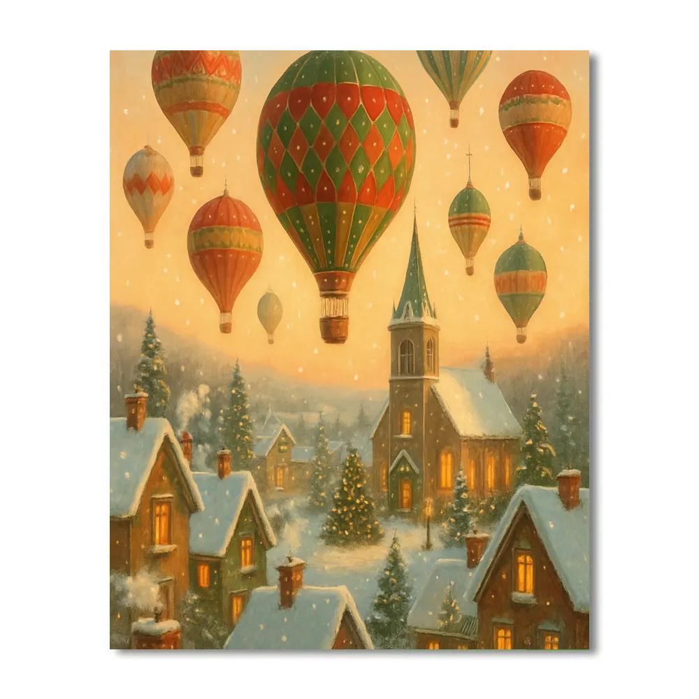 Christmas Hot Air Balloons Over Village paint by numbers