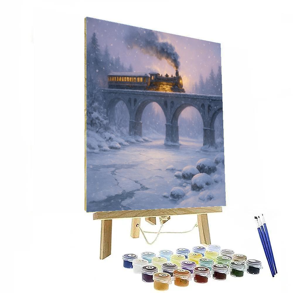 Snowy Train Crossing Over Frozen River paint by color
