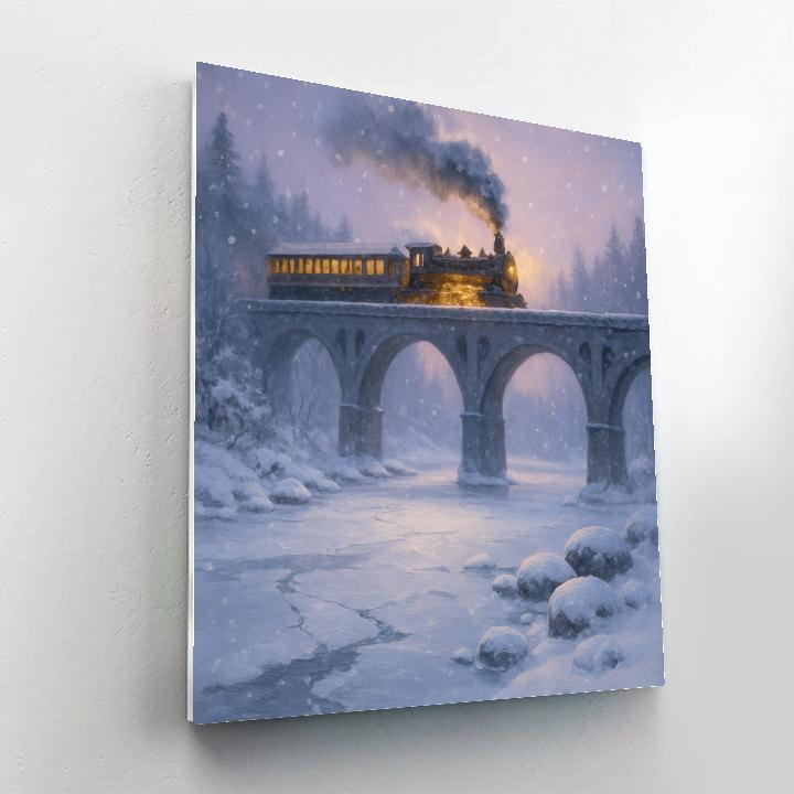 Snowy Train Crossing Over Frozen River paint by color