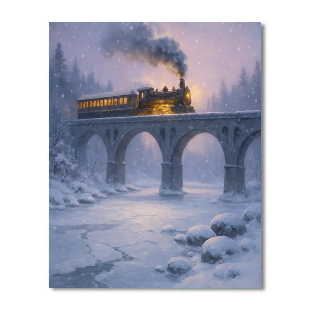 Snowy Train Crossing Over Frozen River paint by color