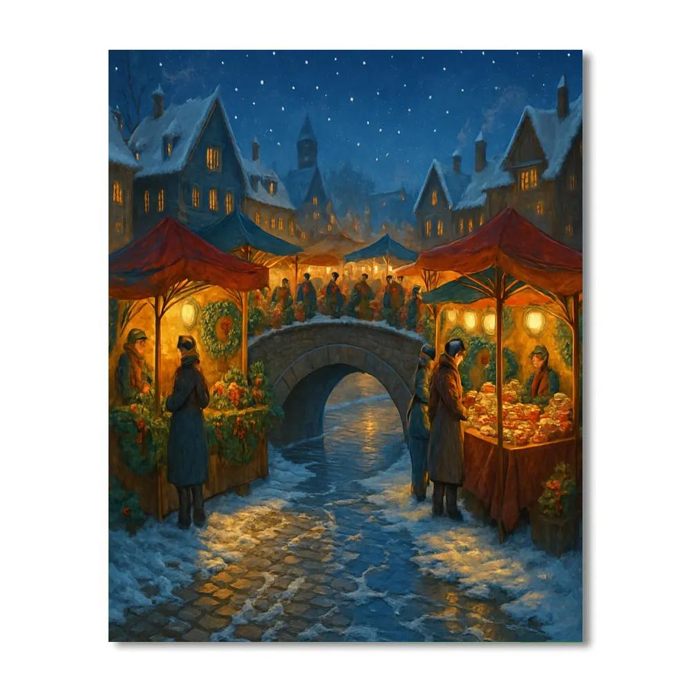 Snowy Night Market On The Bridge Paint by numbers art