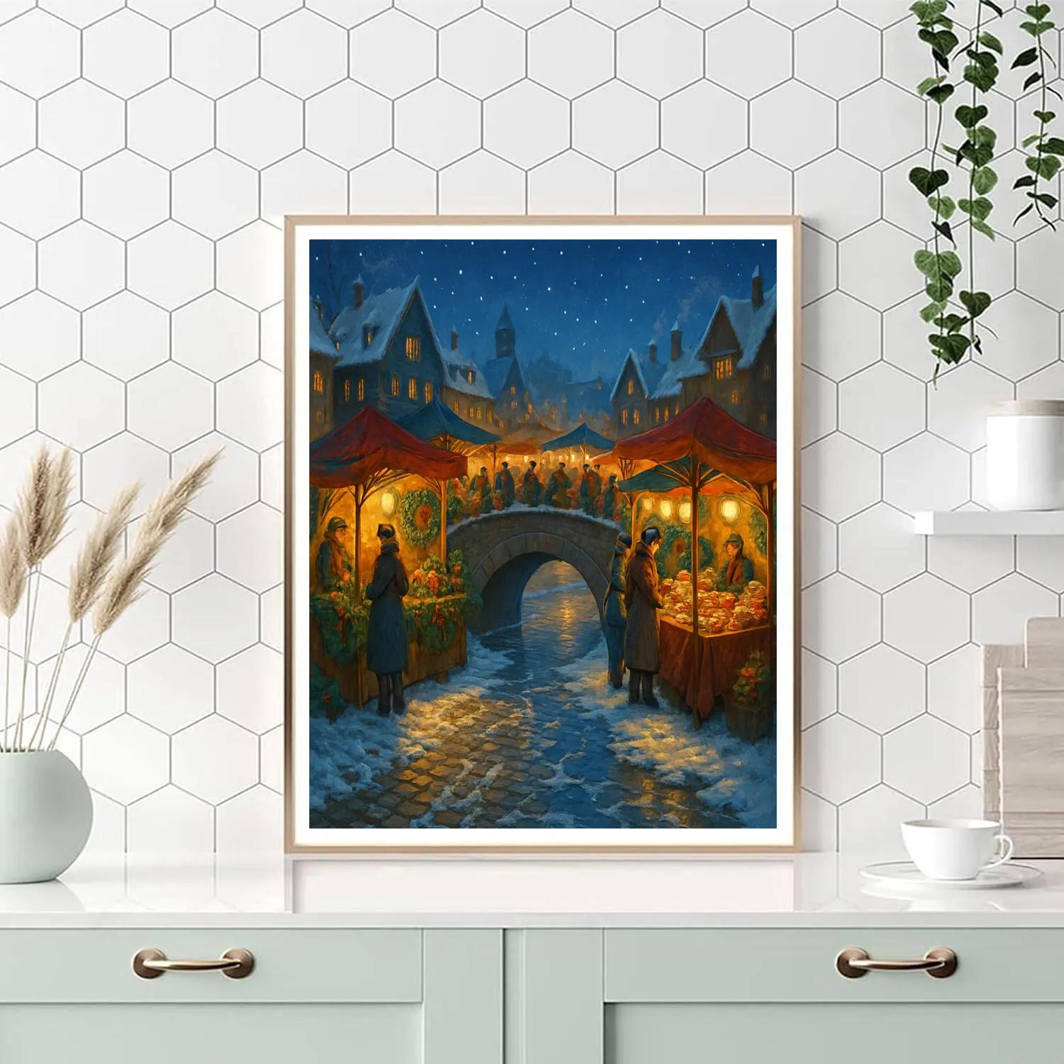 Snowy Night Market On The Bridge Paint by numbers art