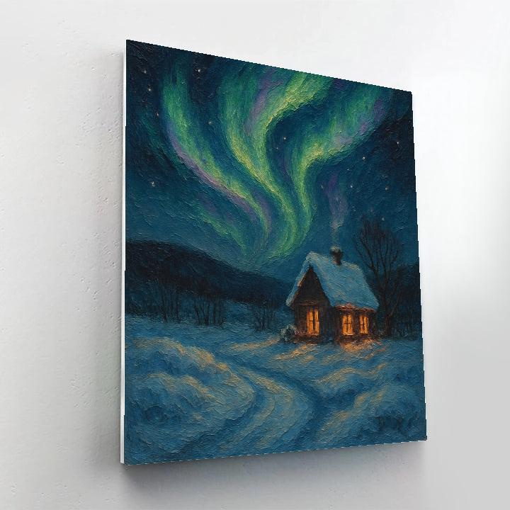 Snowy Cottage With Aurora Veil Number painting