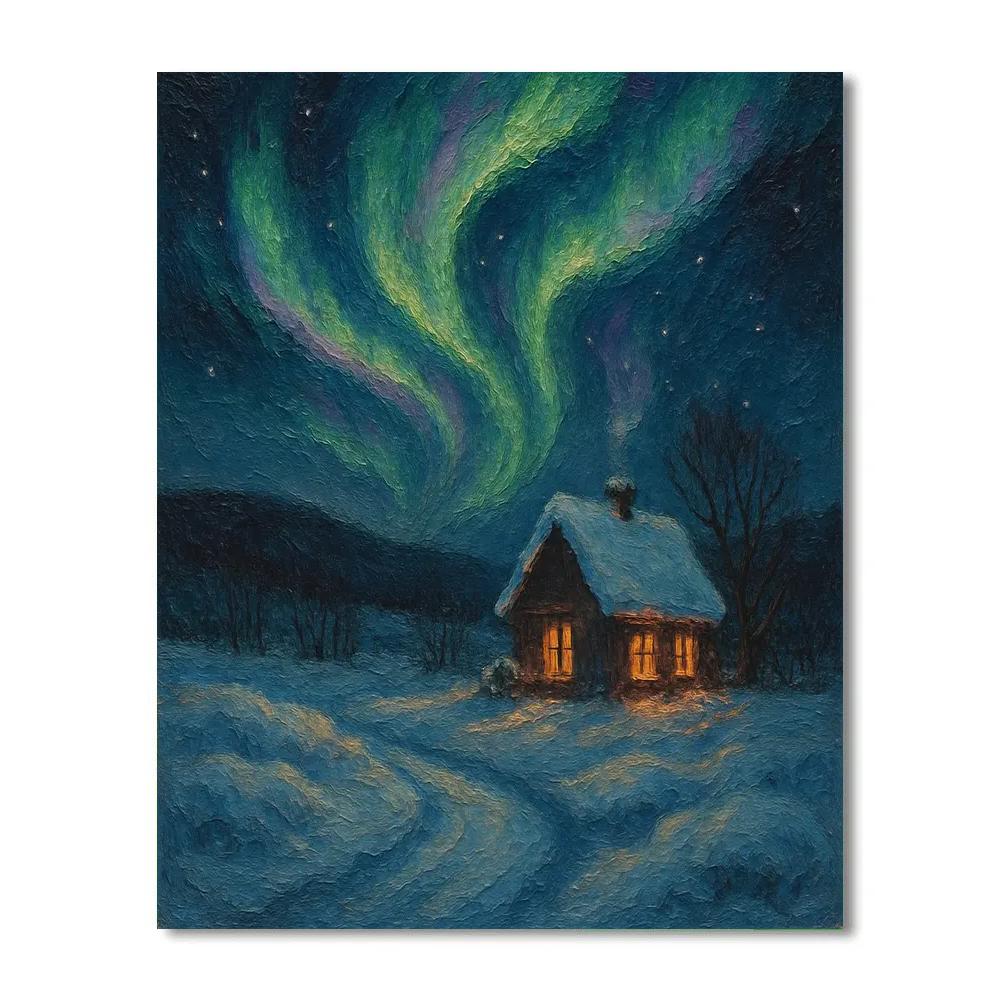 Snowy Cottage With Aurora Veil Number painting