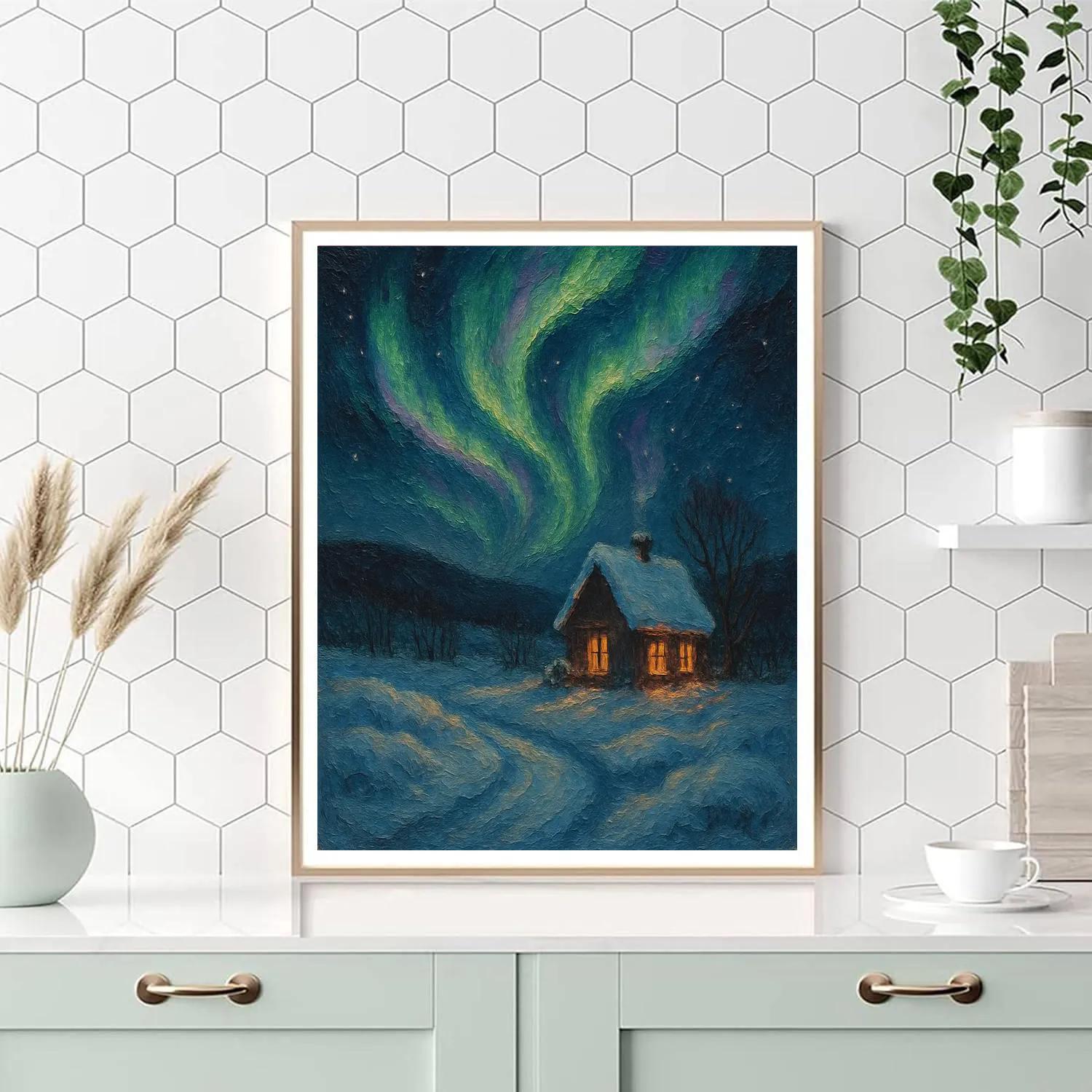 Snowy Cottage With Aurora Veil Number painting