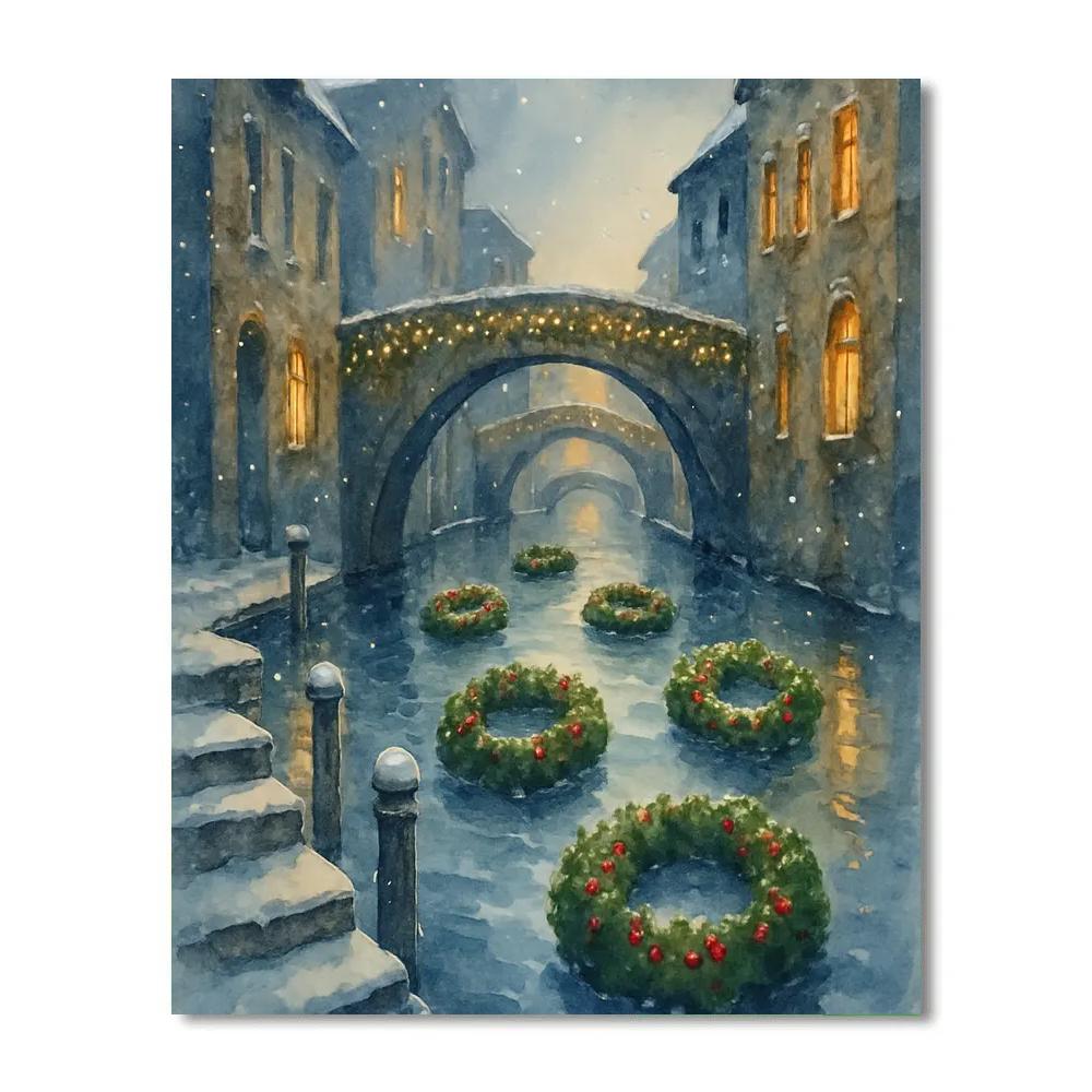 Winter Canal With Floating Wreaths Painting by numbers kit