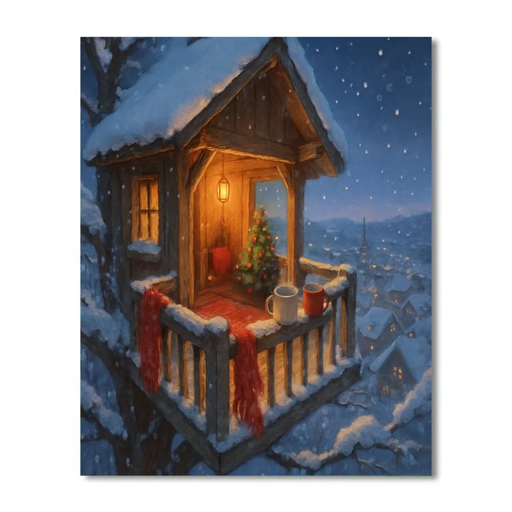 Winter Treehouse Cocoa Balcony Paint by numbers art