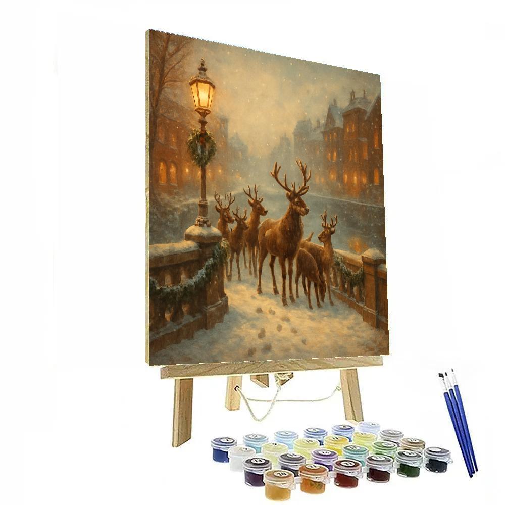 Snowy Reindeer Crossing At The City Bridge Number painting