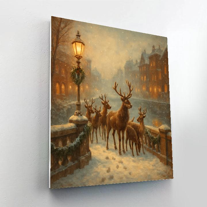 Snowy Reindeer Crossing At The City Bridge Number painting