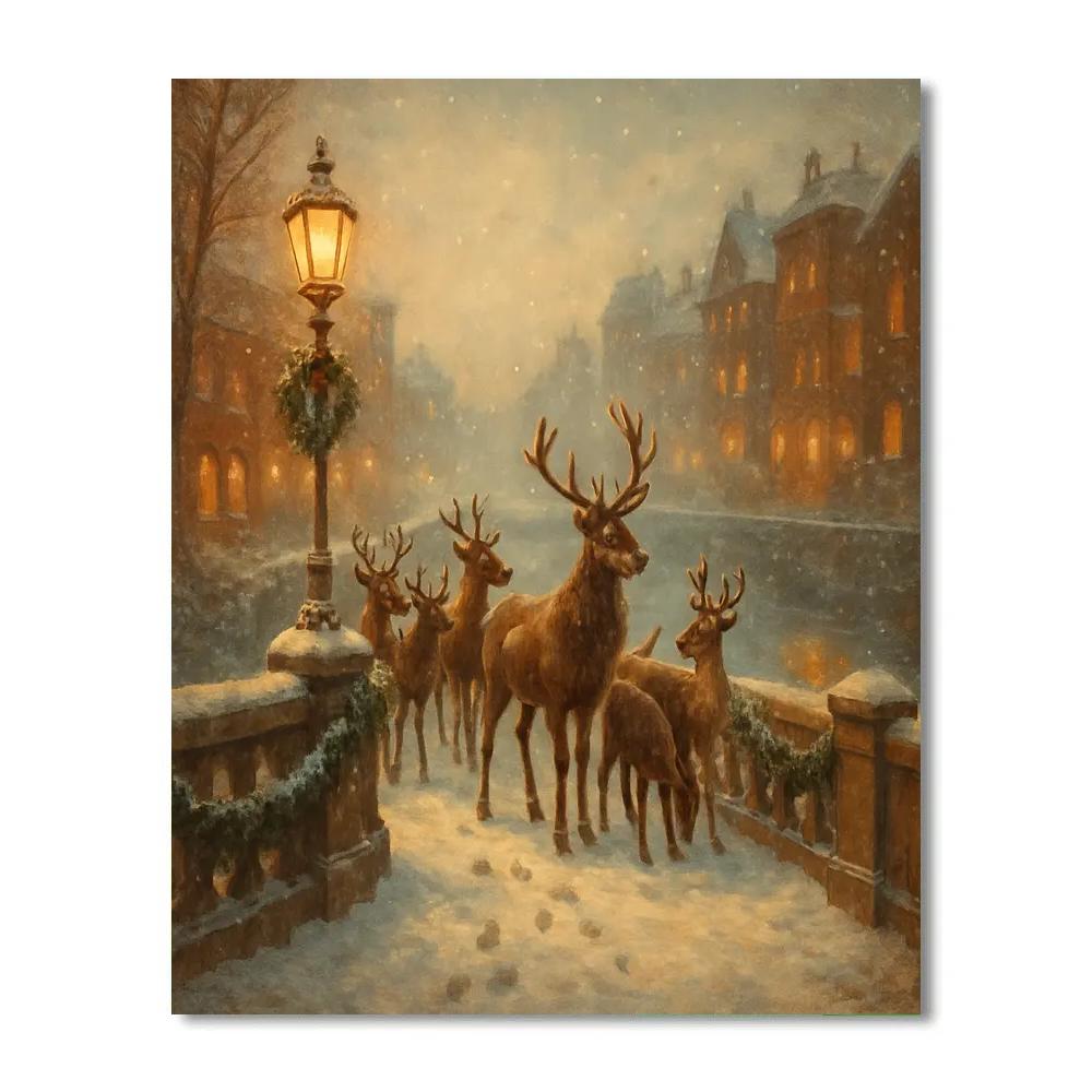 Snowy Reindeer Crossing At The City Bridge Number painting