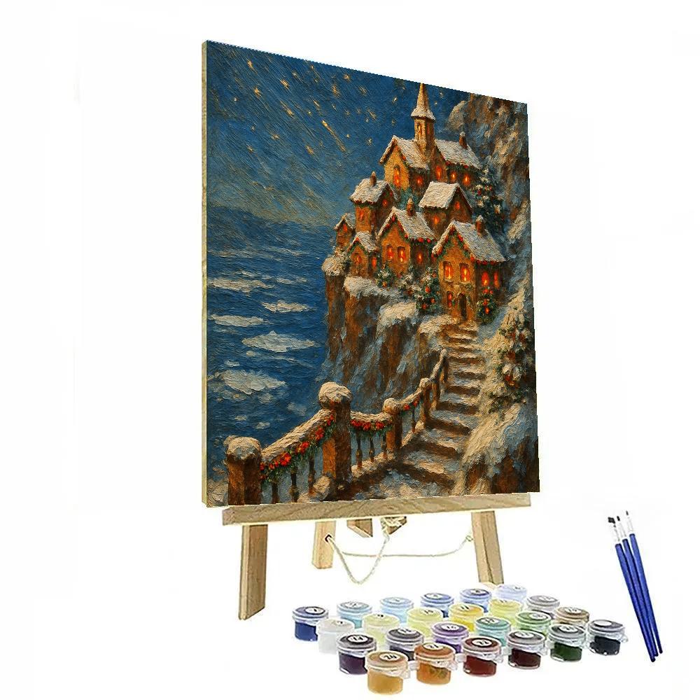 Snowy Village On The Christmas Cliffside Paint by numbers art
