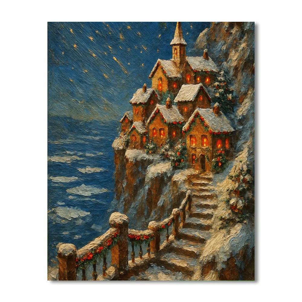 Snowy Village On The Christmas Cliffside Paint by numbers art