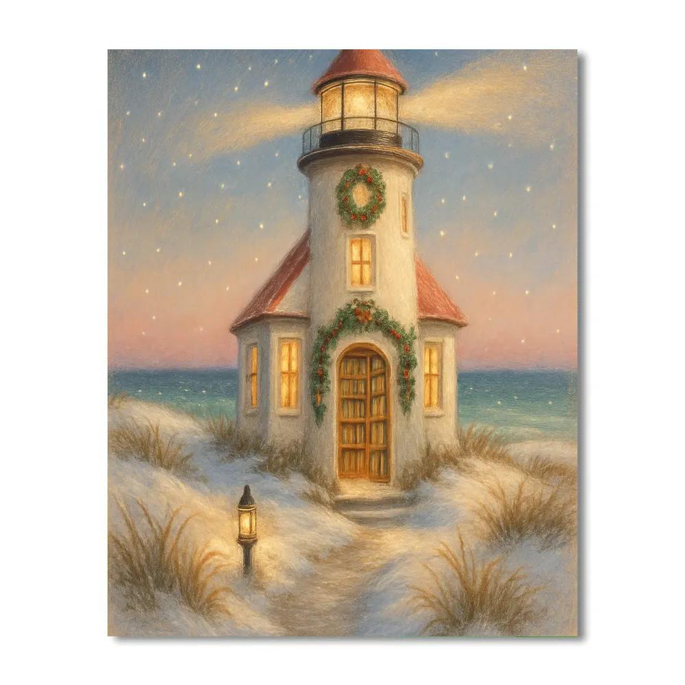 Snowy Lighthouse Library On The Dunes paint by numbers
