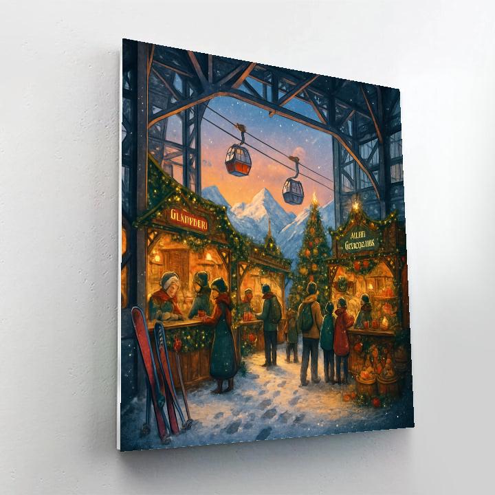 Snowy Alpine Market In The Cable Car Station Paint by numbers art