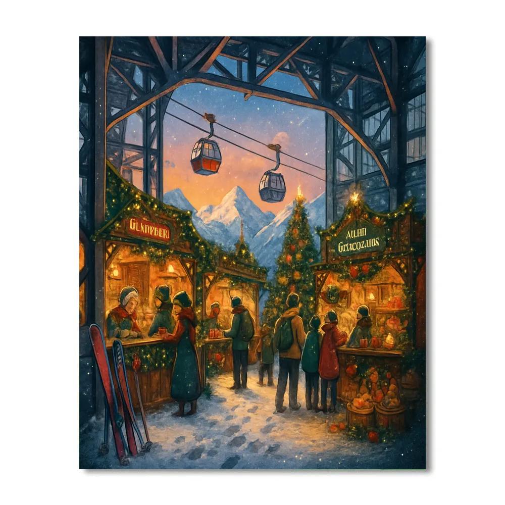 Snowy Alpine Market In The Cable Car Station Paint by numbers art