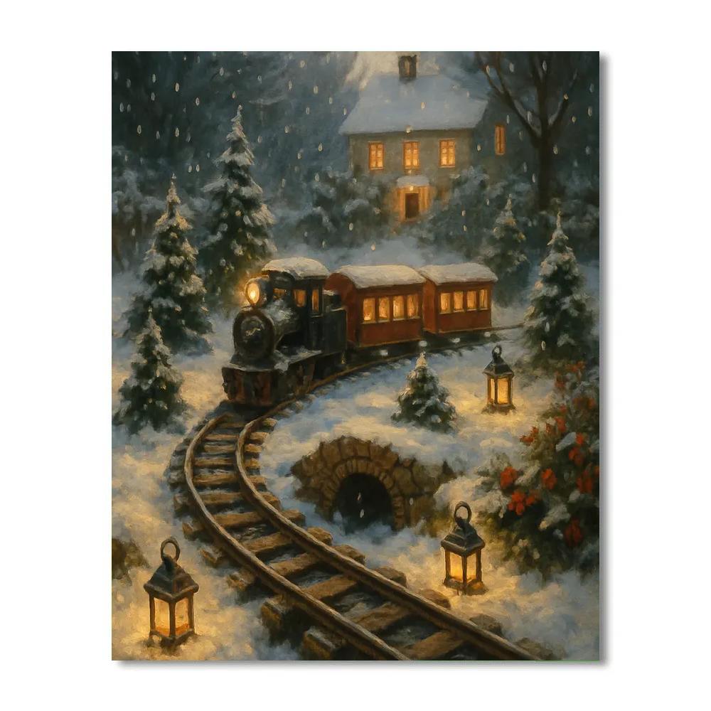 Christmas Garden Railway Under Falling Snow Number painting