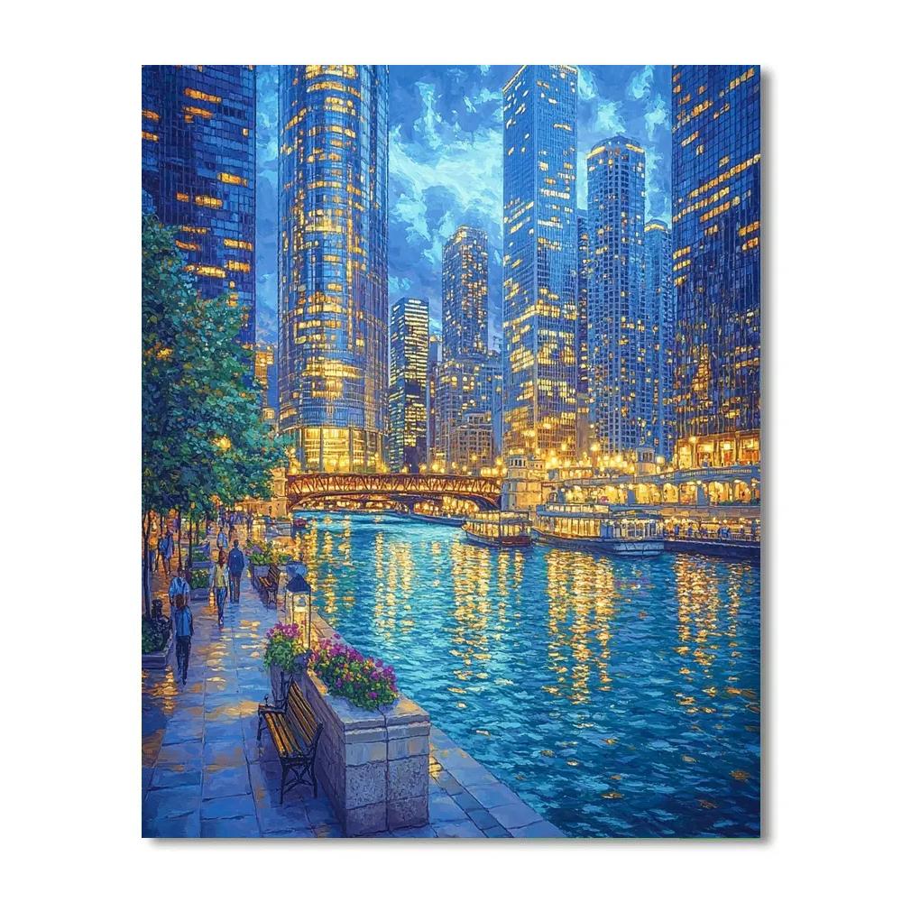 Chicago Riverwalk At Blue Hour Chicago United States paint by color