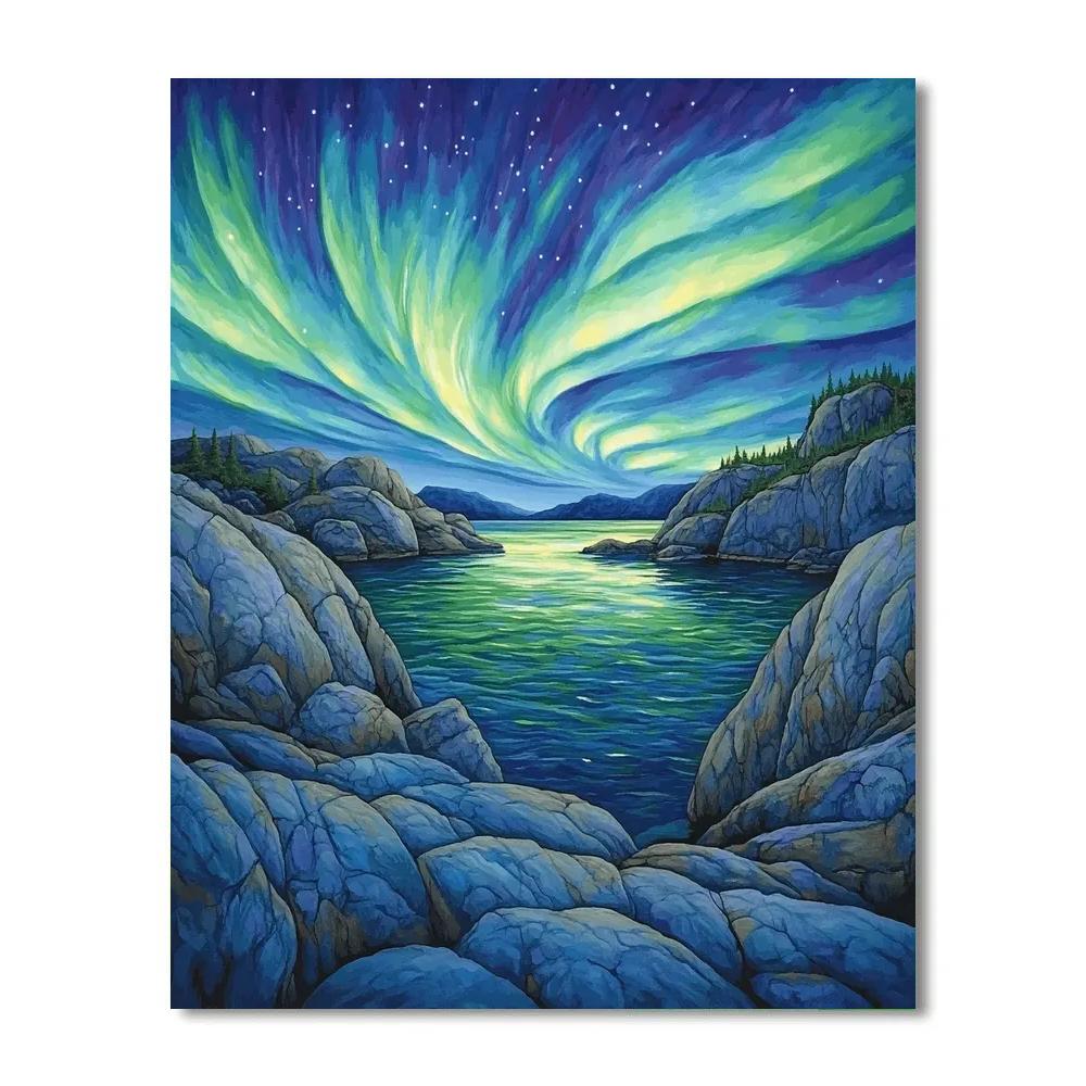 Frederick Varley Inspired Aurora Veil Over Granite Bay painting number kit