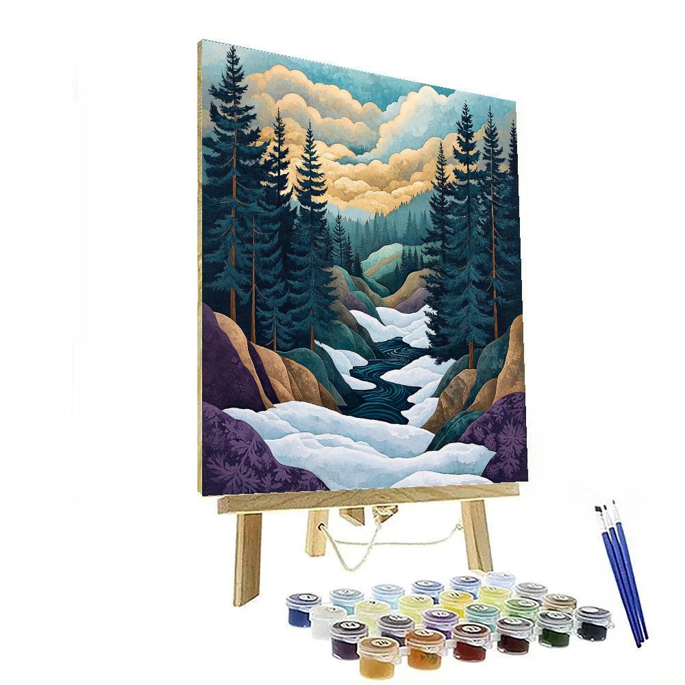 J E H MacDonald Inspired Frost Tipped Pines Above Indigo Ravine paint by color