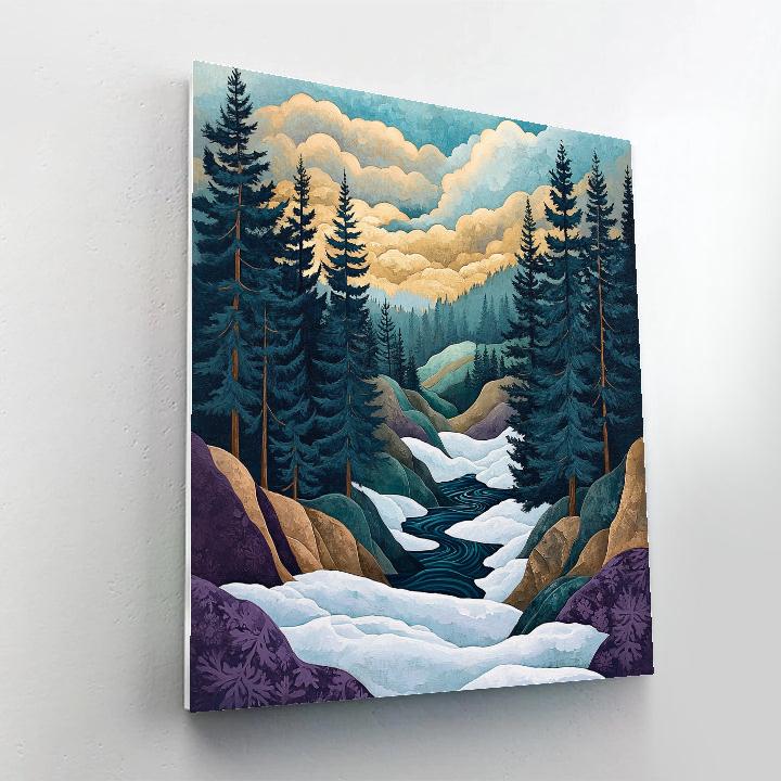 J E H MacDonald Inspired Frost Tipped Pines Above Indigo Ravine paint by color