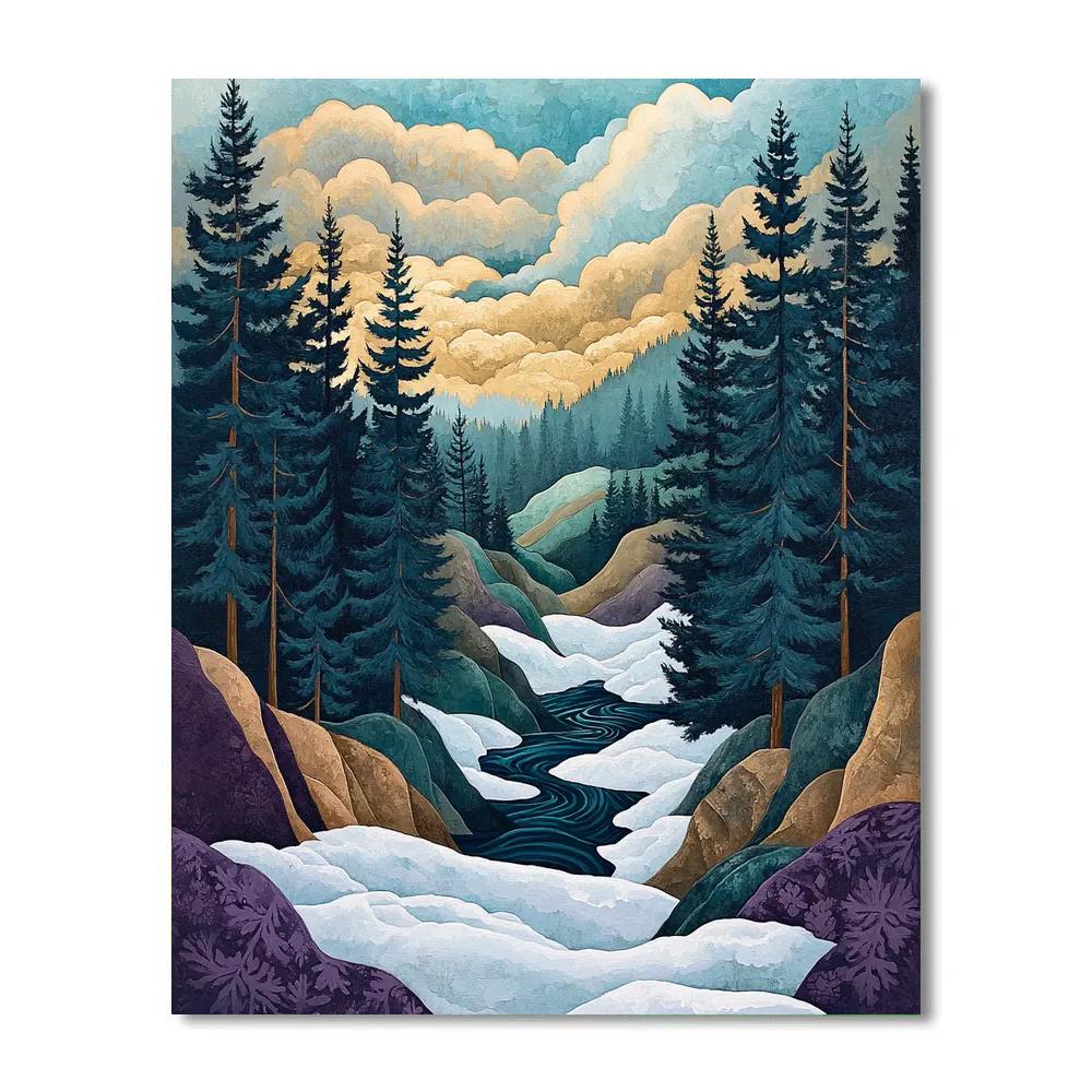 J E H MacDonald Inspired Frost Tipped Pines Above Indigo Ravine paint by color