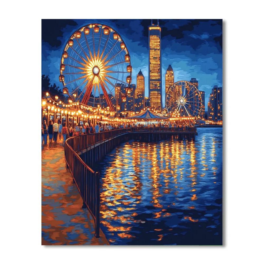 Night Reflections At Navy Pier Chicago United States Numbered painting kits