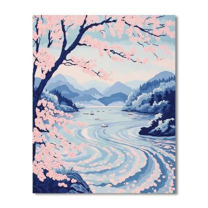 Hokusai Inspired Cherry Blossom River DIY paint by numbers